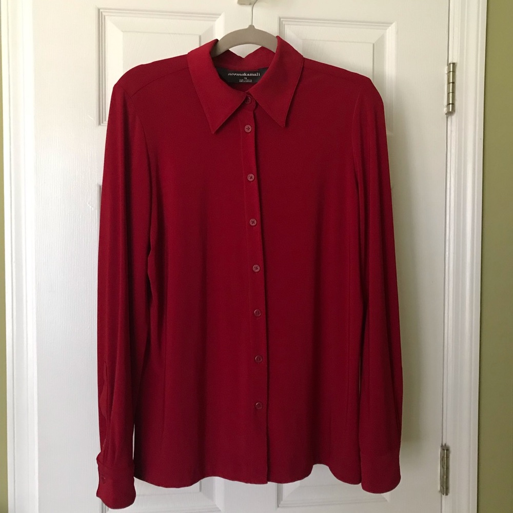Red button up blouse by Norma Kamali